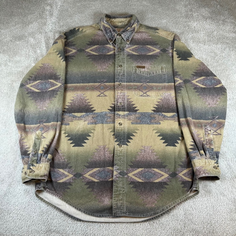 Woolrich Flannel Shirt Mens L Green Southwestern Geometric Cotton Button Down